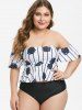 Peplum Hem Stripes Rose Off Shoulder Plus Size Two Piece Swimsuit -  