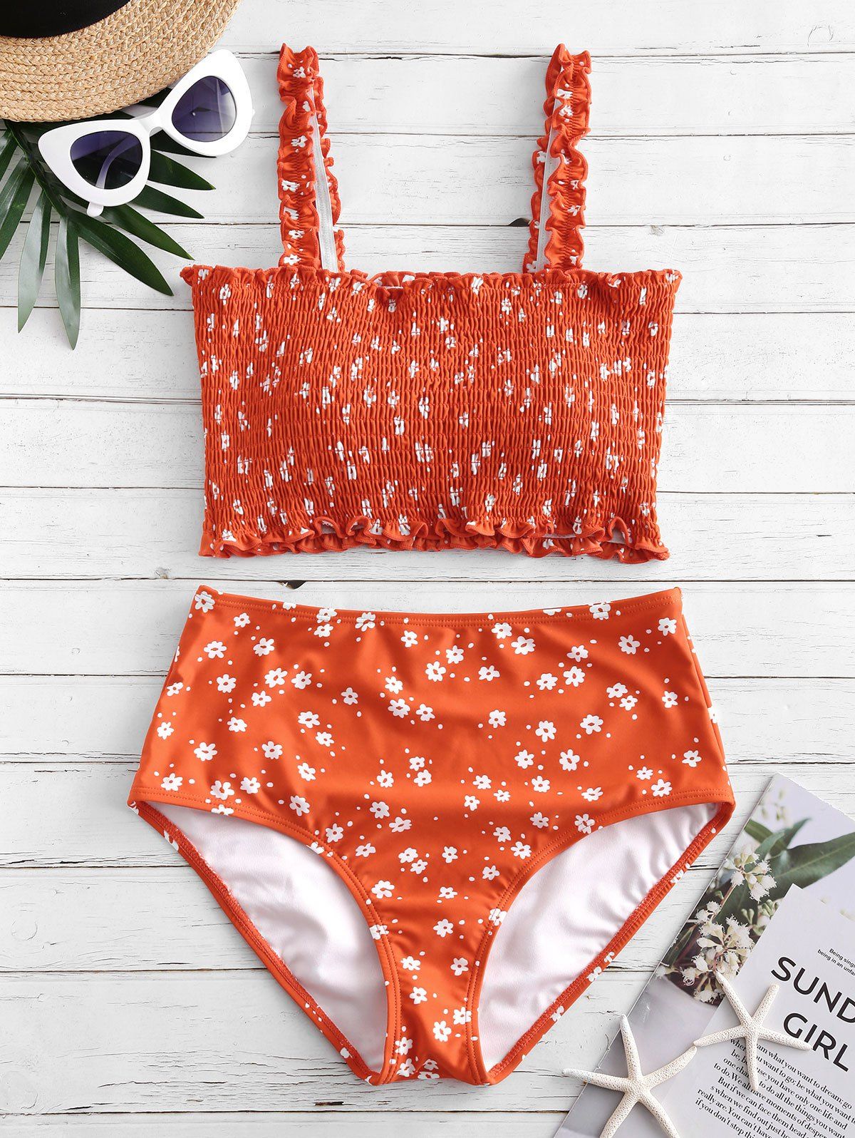 

Tiny Floral Shirred Ruffle High Rise Tankini Swimwear, Orange