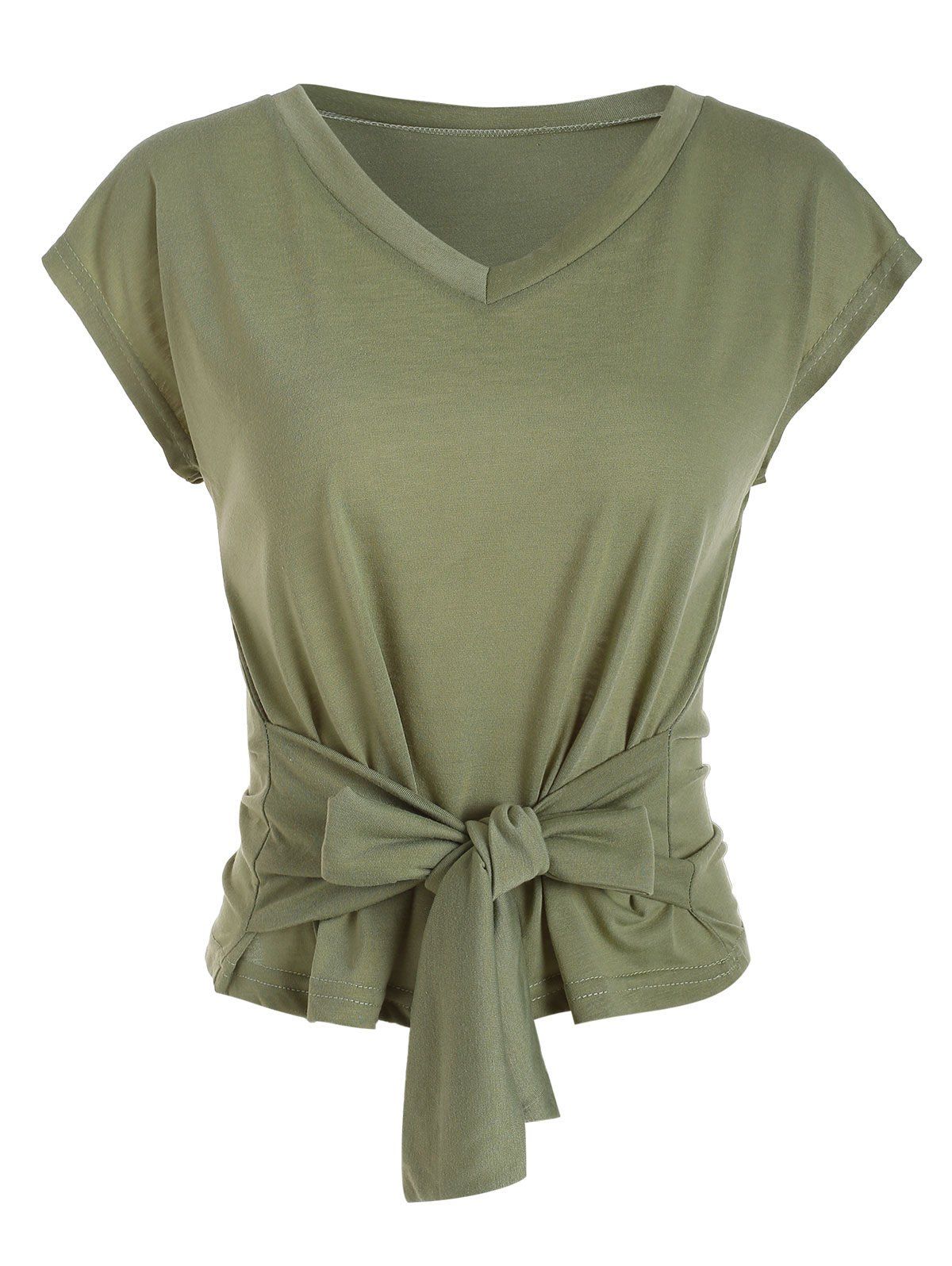

V Neck Knotted Short Sleeves Tee, Light green