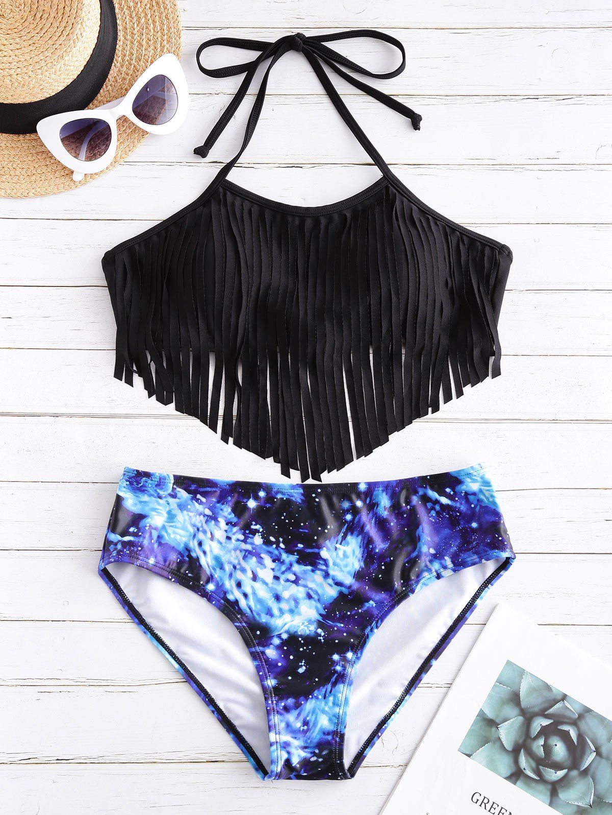 

Starry Sky Halter Fringed Bikini Swimwear, Black