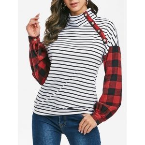 

Mock Neck Striped Checked Long Sleeve Top, White