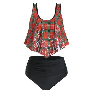 

Plaid Tree Print High Waisted Ruched Tankini Swimsuit, Red