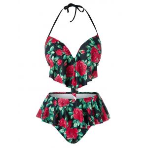 

Plus Size Floral Pattern Halter Tankini Swimsuit, Black