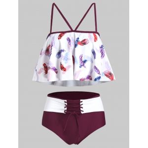 

Feather Print Flounce Lace-up Tankini Swimsuit, Plum velvet