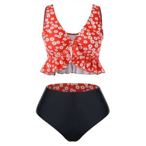 

Plus Size Reversible Floral Print Flounce Tankini Swimwear, Ruby red