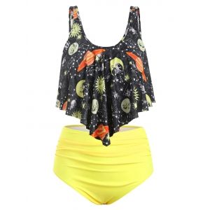 

Plus Size Sun and Moon Overlay Ruched Tankini Swimwear, Yellow