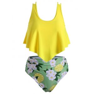 

Plus Size Floral Lemon Print Ruched Tankini Swimsuit, Yellow