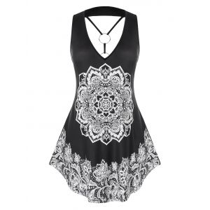 

Plus Size O Ring Strappy Tribal Print Tank Top, Black