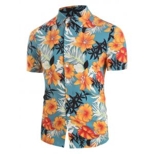 

Tropical Flower Print Button Up Short Sleeve Shirt, Multi a