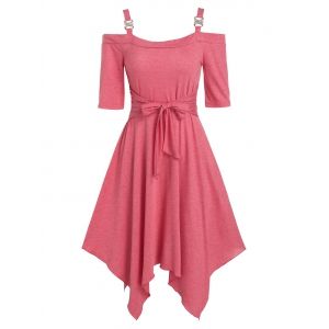 

Cold Shoulder Tie Waist Asymmetrical Dress, Pink