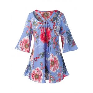 

Plus Size Bell Sleeve Floral Print Blouse, Sky blue
