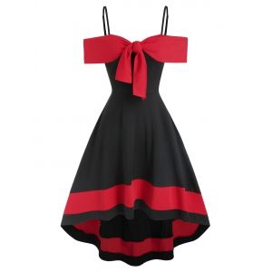

Two Tone Cold Shoulder Bowknot High Low Dress, Black
