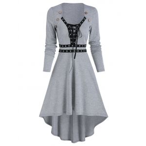 

Mock Button Lace-up Grommet High Low Dress, Gray cloud