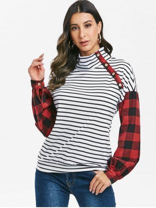 Mock Neck Striped Checked Long Sleeve Top