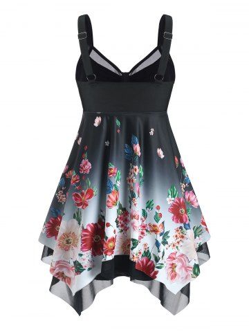 

Floral Print Mesh Panel Handkerchief Tankini Swimwear, Black