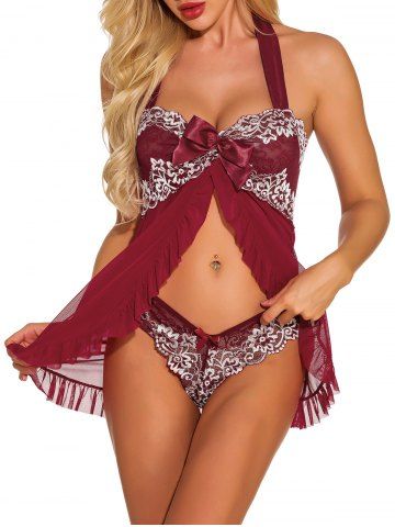 Bowknot Lace Panel Mesh Babydoll Set