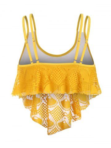 

Overlay Flounces Lace Panel Strappy Plus Size Swim Top, Golden brown