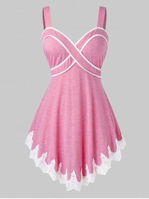 Plus Size Lace Hem Contrast Trim Empire Waist Tank Top