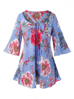 Plus Size Bell Sleeve Floral Print Blouse - SKY BLUE - L