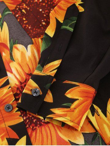 

Sunflower Print Button Up Long Sleeve Shirt, Black