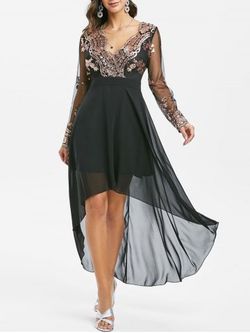 Sequined Mesh Insert High Low Prom Dress - BLACK - L