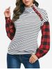 Mock Neck Striped Checked Long Sleeve Top -  