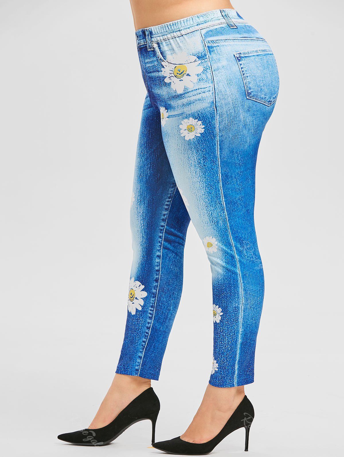 

High Waisted 3D Daisy Plus Size Jeggings, Denim dark blue