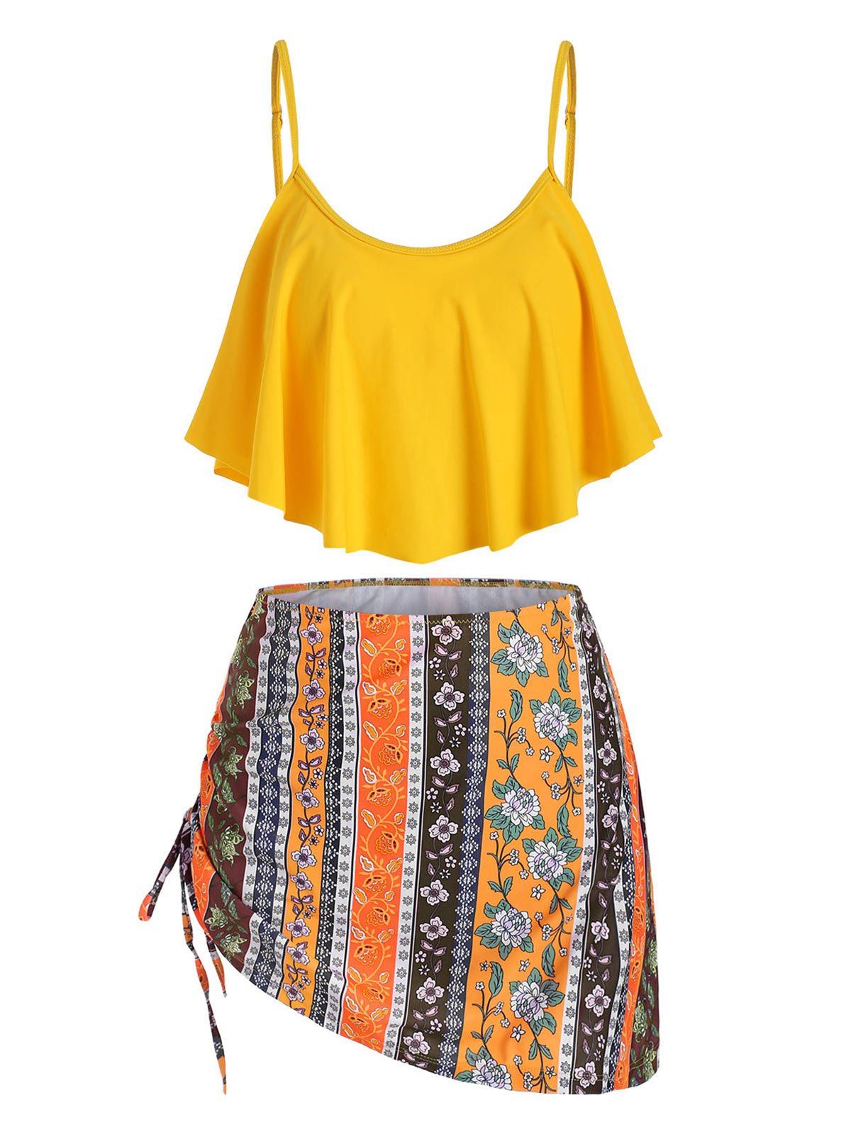 

Floral Print Overlay High Waist Tankini Set, Saffron