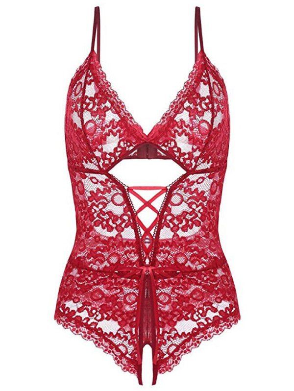 

Lace Up Cutout Crotchless Teddy, Red wine