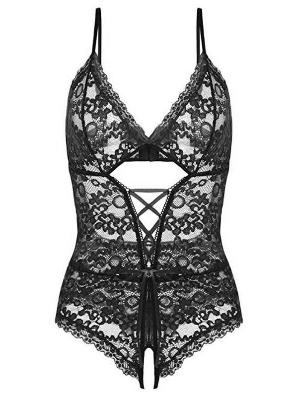 

Lace Up Cutout Crotchless Teddy, Black