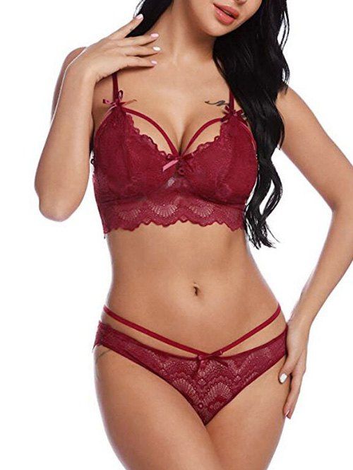 

Bowknot Lace Lingerie Bra Set, Red wine