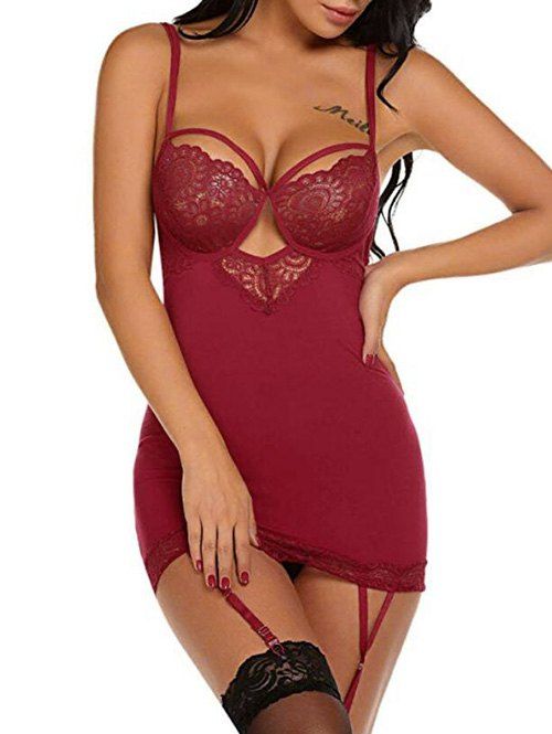

Lace Panel Two Hooks Garter Babydoll Set, Red wine