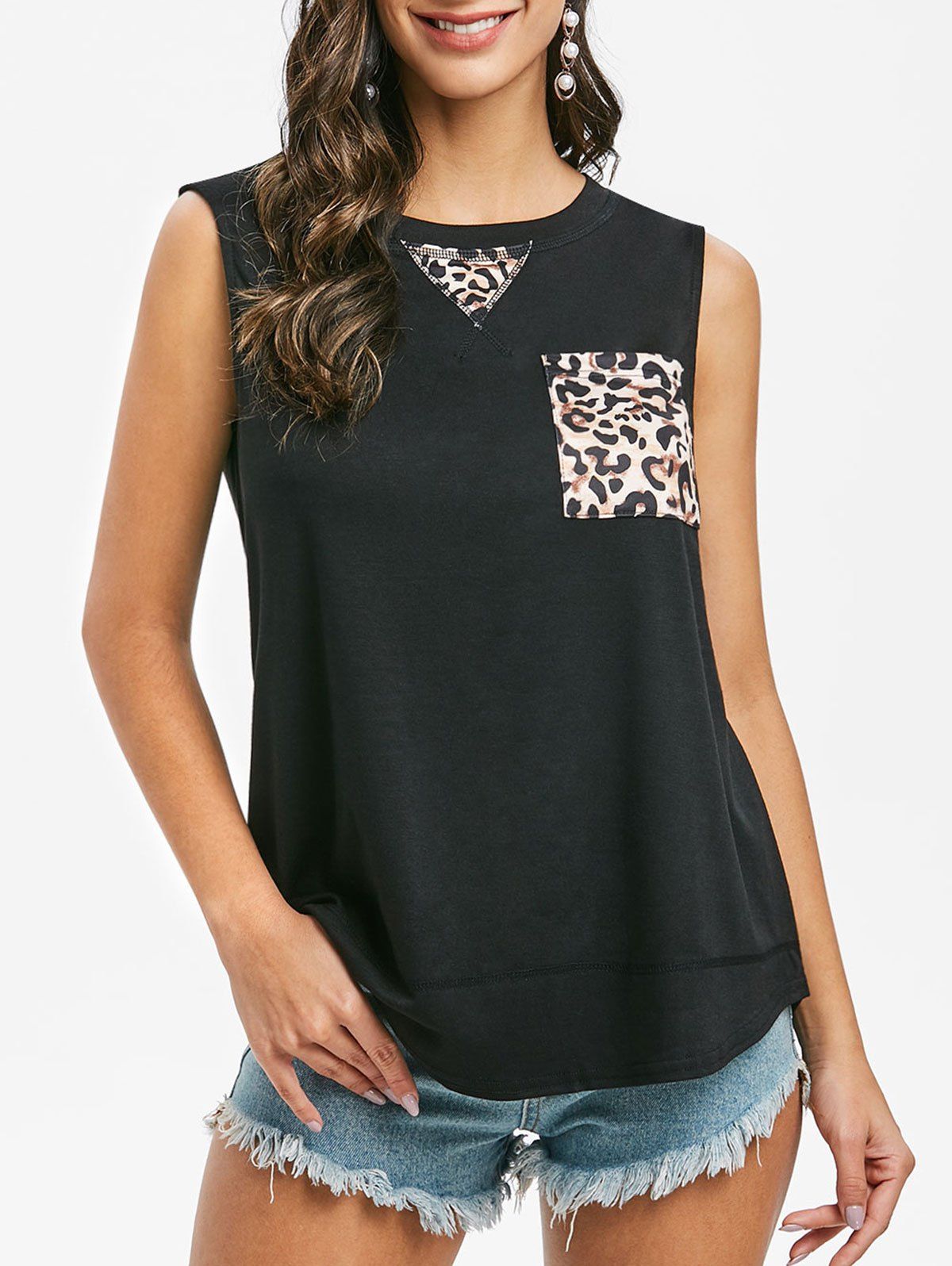 

Leopard Panel Pocket Curved Hem Tank Top, Black