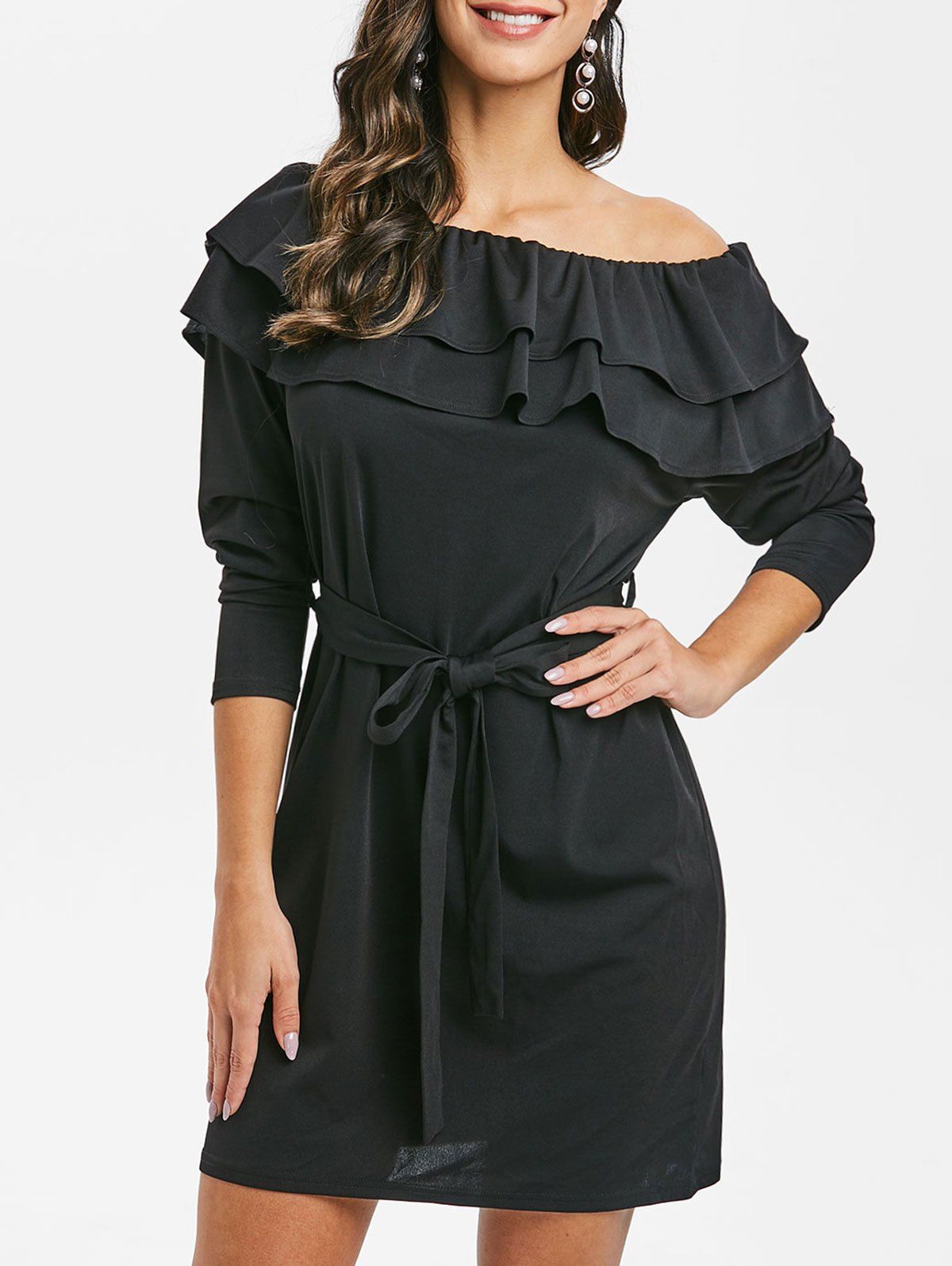 

Flounce Belted Skew Neck Mini Dress, Black