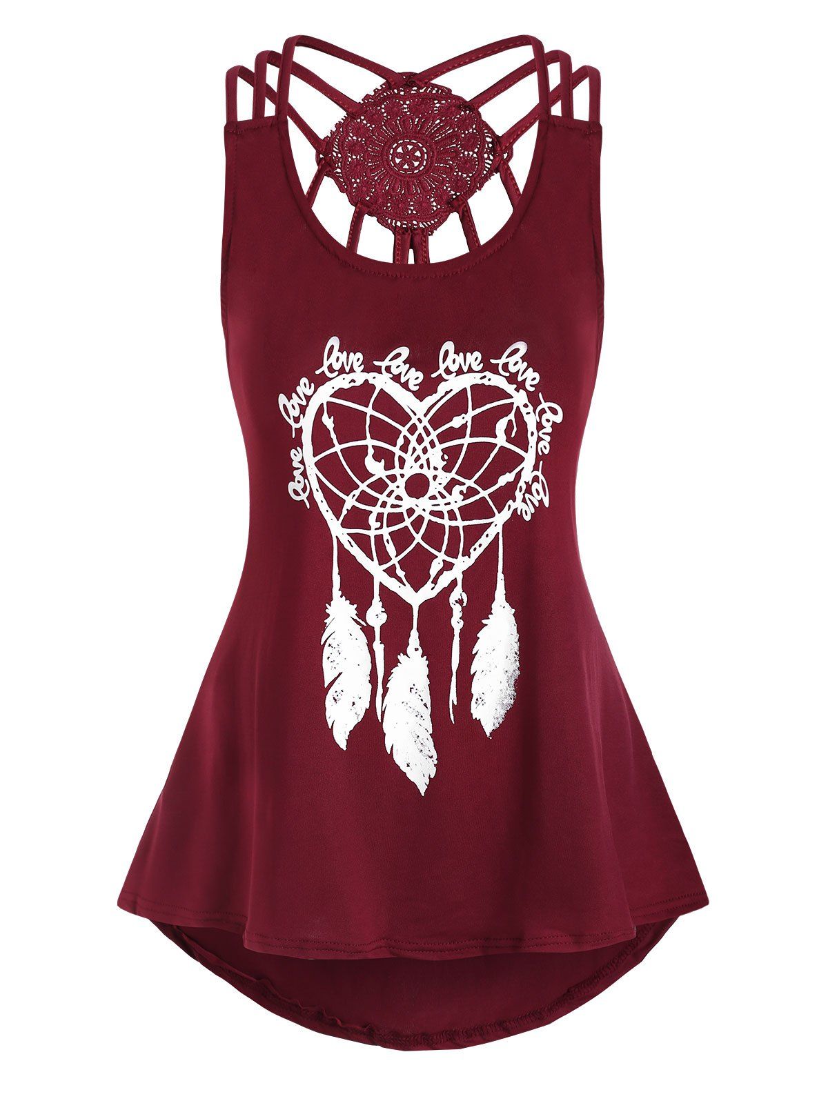 

Heart Feather Print Lace Panel Tank Top, Red wine
