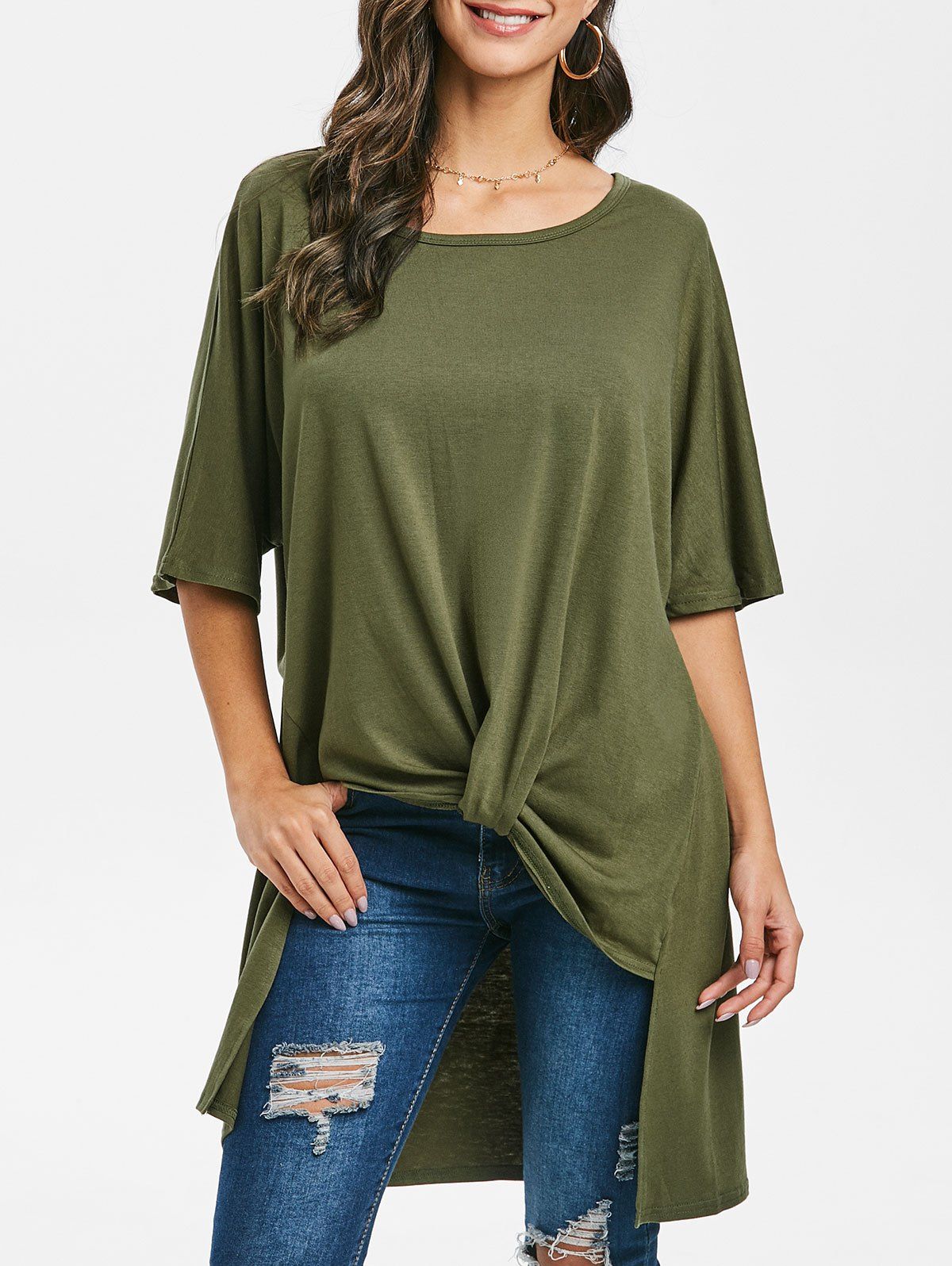 

Twisted Batwing Sleeve Dip Hem T-shirt, Camouflage green