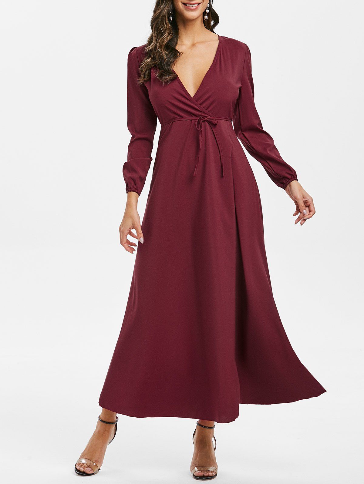 

Belt Long Sleeve Maxi A Line Dress, Red wine