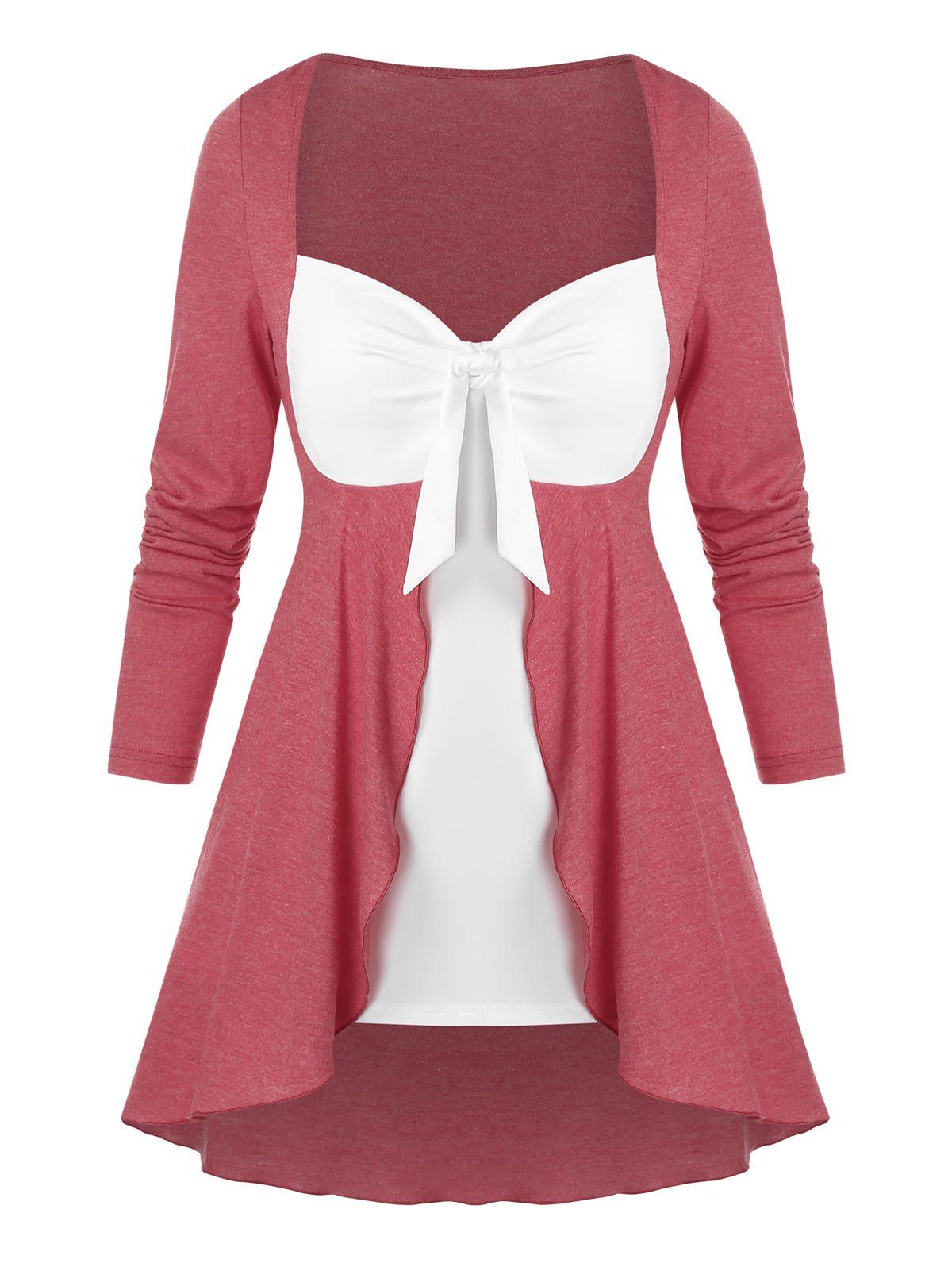 

Bow Detail Contrast Faux Twinset T-shirt, Flamingo pink