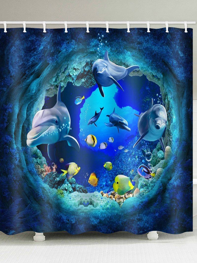 

Underwater Cave Dolphin Print Waterproof Bathroom Shower Curtain, Blueberry blue