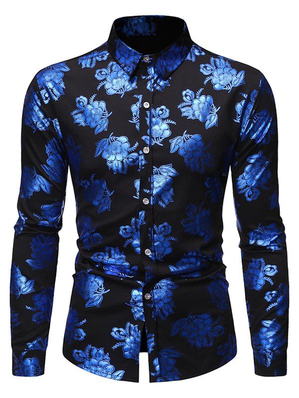 

Floral Gilding Button Up Casual Shirt, Black