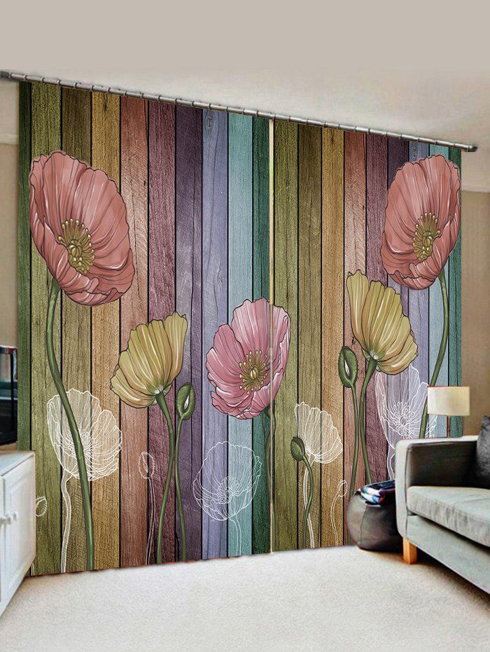 2 Panels Wood Board Flowers Print Window Curtains [32% OFF] | Rosegal