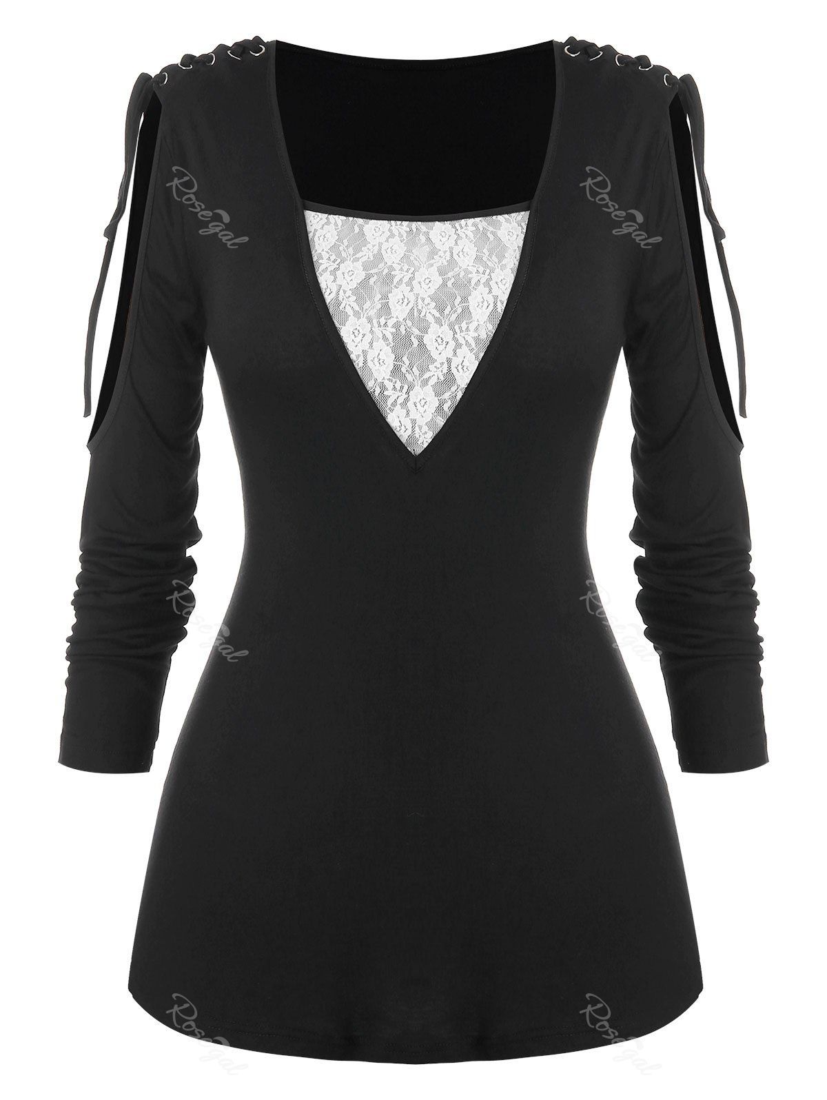 

Plus Size Lace-Up Floral Lace Panel Top, Black
