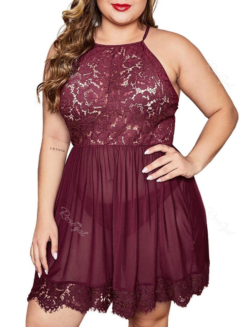 

Panty Eyelash Lace Panel Sheer Mesh Plus Size Babydoll, Red wine