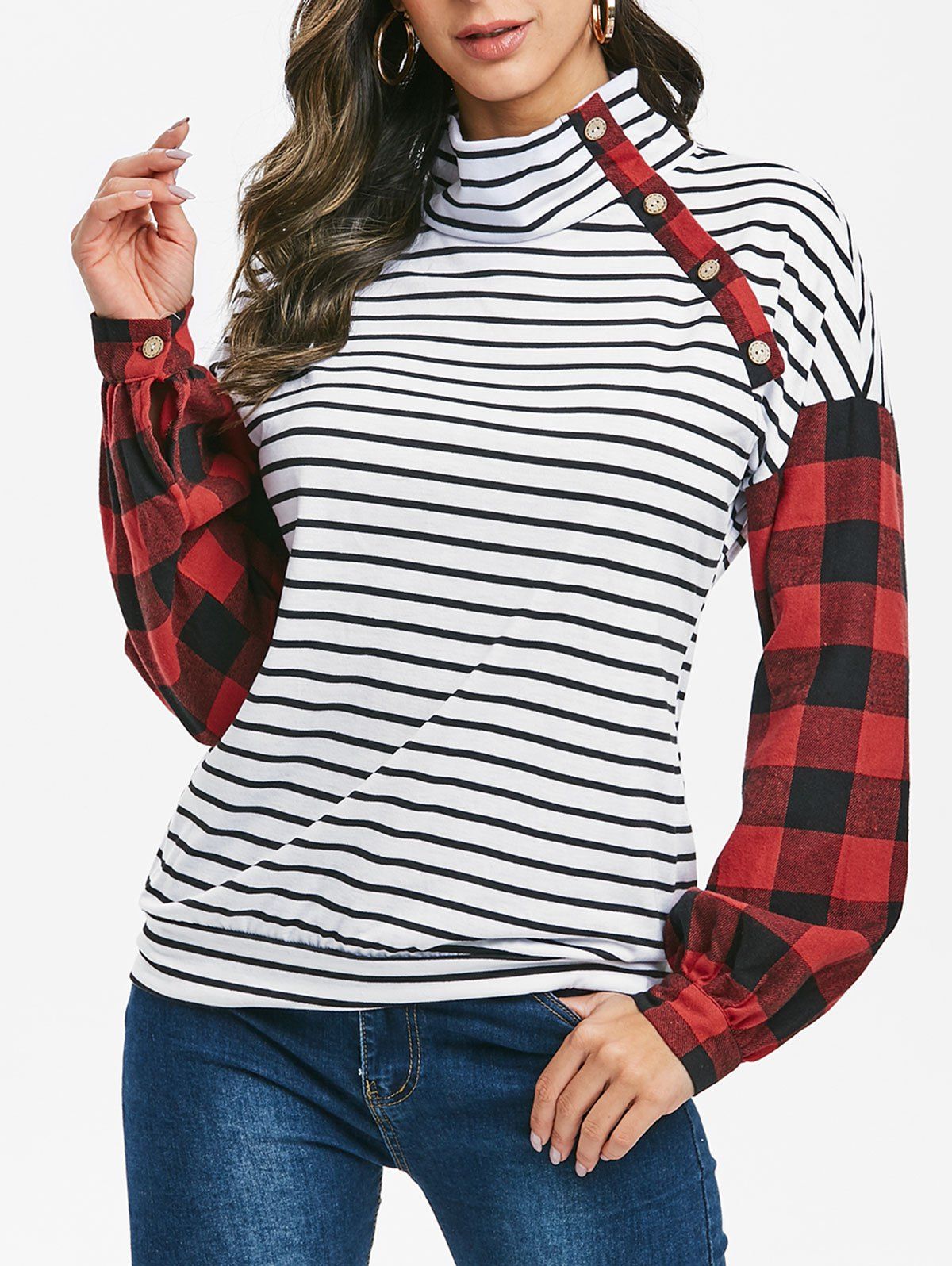 Shop Mock Neck Striped Checked Long Sleeve Top  