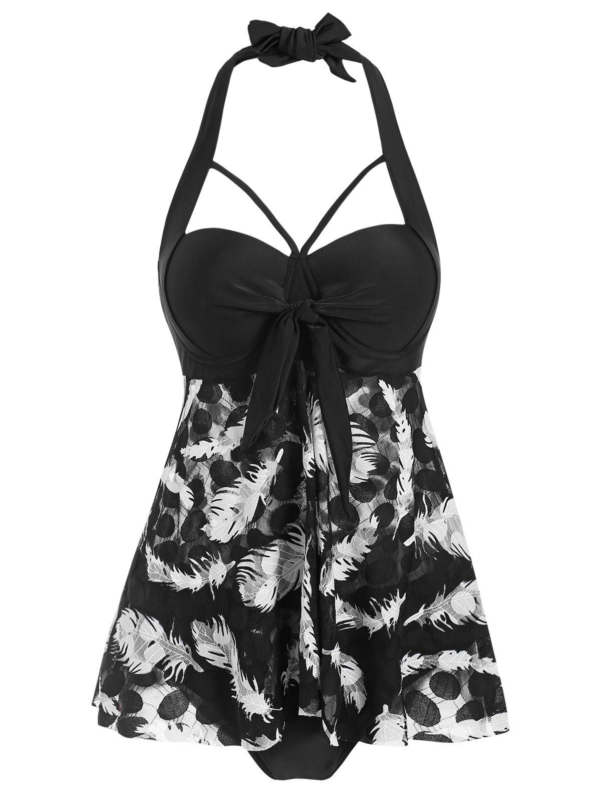 

Halter Feather Lace Bowknot Underwire Tankini Swimsuit, Black