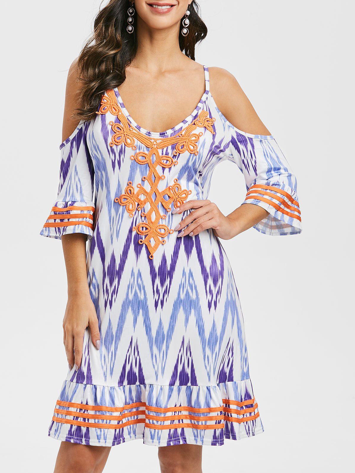 

Lace Panel Printed Cold Shoulder Mini Dress, Purple