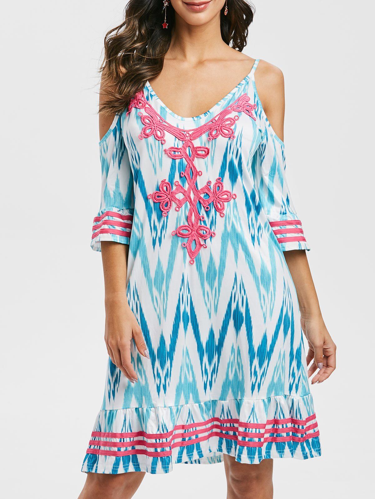 

Lace Panel Printed Cold Shoulder Mini Dress, Turquoise