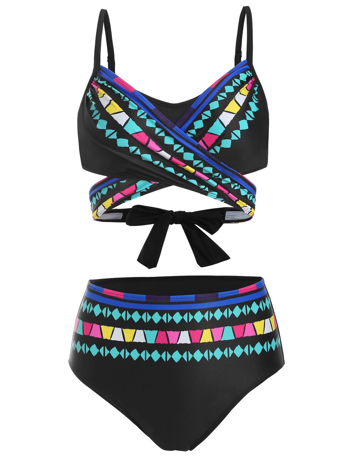 

Geo High Rise Wrap Bikini Swimwear, Black