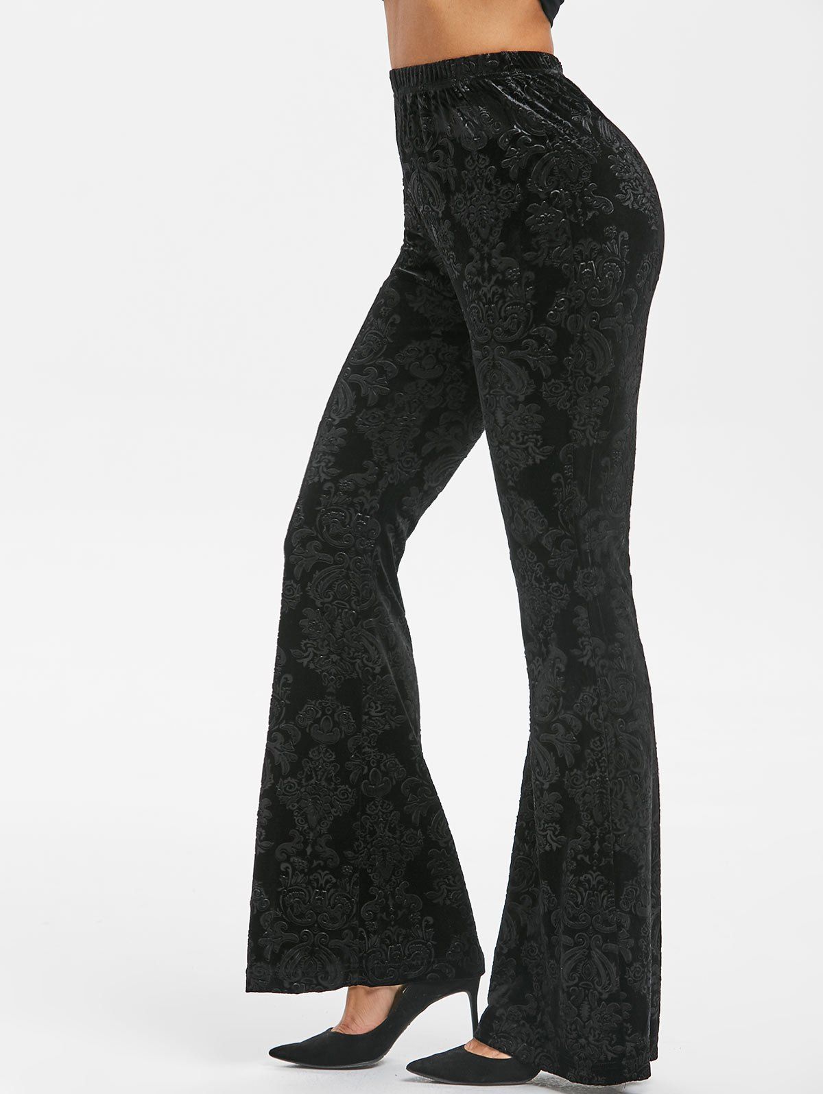 

Baroque Jacquard Velvet Bell Bottom Pants, Black