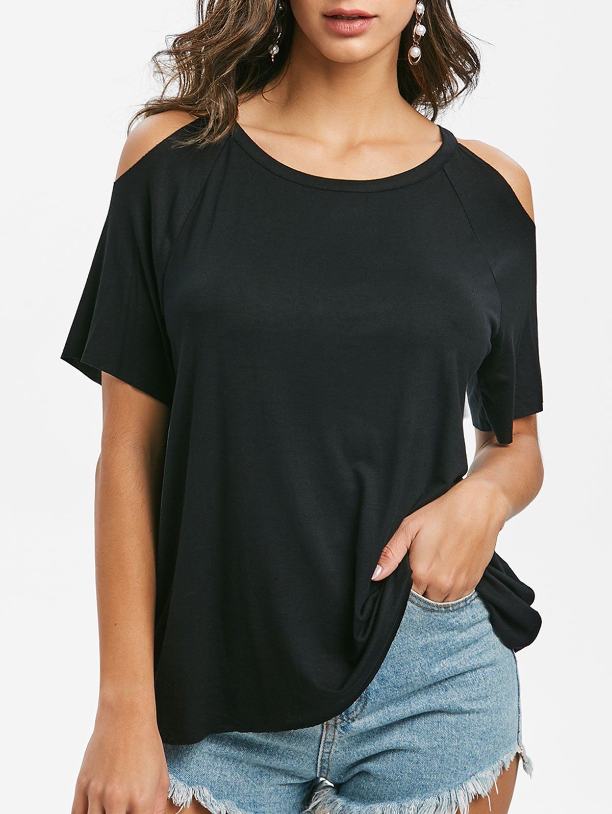

Open Shoulder Raglan Sleeve Tunic T-shirt, Black